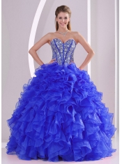 2014 Cute Ball Gown Sweetheart Blue Sweet 16 Dresses with Ruffles and Beading