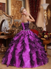 2014 Eleagant Sweetheart Purple and Black Organza Beading and Ruffles Beautiful Quinceanera Dress