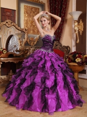 2014 Eleagant Sweetheart Purple and Black Organza Beading and Ruffles Beautiful Quinceanera Dress