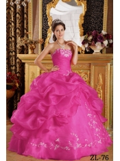 2014 Hot Pink Ball Gown Organza Strapless Floor-length Cheap Quinceanera Dresses
