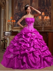 2014 Impressive Strapless Fuchsia Ball Gown Floor-length Appliques Taffeta Beautiful Quinceanera Dress