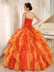 2014 Lace-up Orange One Shoulder Beaded Spring Custom Made Decorate  Ruffles Quinceanera Dress