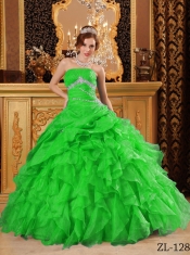 2014 new Ball Gown Floor-length Green Organza Beading And Ruffles Discount Quinceanera Dresses