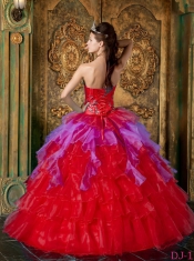 2014 Organza Red Ball Gown Strapless Floor-length Cheap Quinceanera Dresses