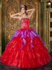 2014 Organza Red Ball Gown Strapless Floor-length Cheap Quinceanera Dresses