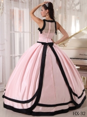 2014 Pink and Black Ball Gown Satin Bateau Floor-length Cheap Quinceanera Dresses