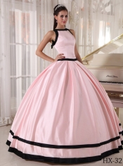 2014 Pink and Black Ball Gown Satin Bateau Floor-length Cheap Quinceanera Dresses