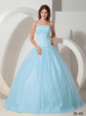 2014 Popular Ball Gown Light Blue Strapless Floor-length Cheap Quinceanera Dresses