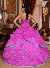 2014 Popular Organza Appliques Hot Pink Ball Gown Cheap Quinceanera Dresses