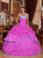 2014 Popular Organza Appliques Hot Pink Ball Gown Cheap Quinceanera Dresses