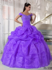 2014 Purple Ball Gown Beading Off The Shoulder Floor-length Cheap Quinceanera Dresses