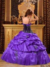 2014 Purple Ball Gown Taffeta Straps Floor-length Cheap Quinceanera Dresses