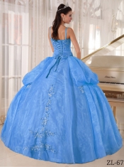 2014 Spaghetti  Straps Blue Ball Gown  Floor-length Taffeta and Organza Appliques Discount Quinceanera Dresses