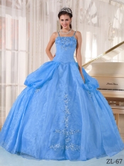 2014 Spaghetti Straps Blue Ball Gown Floor-length Taffeta and Organza Appliques Discount Quinceanera Dresses