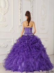 2014 Spring Quinceanera Dressses Ball Gown Ruffles and  Appliques Satin and Oraganza Purple