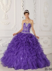 2014 Spring Quinceanera Dressses Ball Gown Ruffles and Appliques Satin and Oraganza Purple