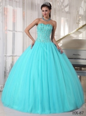 2014 Sweetheart Aqua Blue Floor-length Ball Gown Tulle Beading Discount Quinceanera Dresses