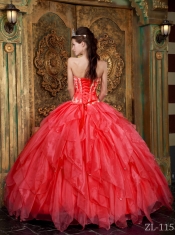 2014 Sweetheart Ball Gown Appliques Ruffles Coral Red Spring Quinceanera Dresses