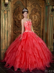 2014 Sweetheart Ball Gown Appliques Ruffles Coral Red Spring Quinceanera Dresses