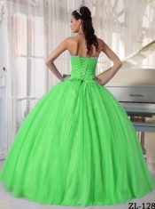 2014 Sweetheart Floor-length Spring Green Tulle Beading and Bowknot Ball Gown Discount Quinceanera Dresses