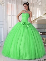 2014 Sweetheart Floor-length Spring Green Tulle Beading and Bowknot Ball Gown Discount Quinceanera Dresses