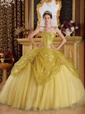 2014 Sweetheart Gorgeous Gold Ball Gown Floor-length Sequined Beautiful Quinceanera Dress With Tulle Handle Flowers