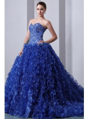 A-Line / Princess Blue Sweetheart Brush Train Organza Beautiful Quinceanea Dress With Beading and Ruffles