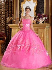 Affordable Rose Pink Ball Gown Strapless Appliques Organza For Sweet 16 Dresses