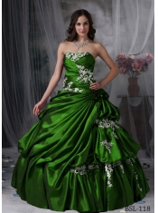 Affordable Sweet 16 Dresses In Green Strapless With Taffeta Appliques and Flowers