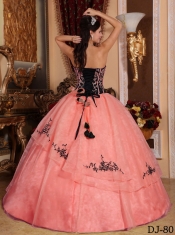 Affordable Watermelon and Black Strapless Floor-length Organza Embroidery For Sweet 16 Dresses