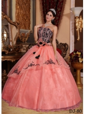 Affordable Watermelon and Black Strapless Floor-length Organza Embroidery For Sweet 16 Dresses