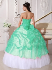 Apple Green and White Ball Gown Strapless Pretty Quinceanera Dresses with  Taffeta and Organza Appliques