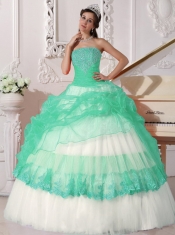 Apple Green and White Ball Gown Strapless Pretty Quinceanera Dresses with Taffeta and Organza Appliques