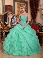 Apple Green Ball Gown Sweetheart Organza Appliques and Ruched For Sweet 16 Dresses