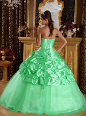 Apple Green Pick Ups Taffeta and Tulle Beading Strapless Ball Gown Dress with Hand Made Flower