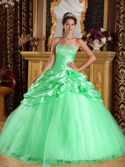 Apple Green Pick Ups Taffeta and Tulle Beading Strapless Ball Gown Dress with Hand Made Flower