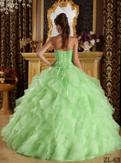 Apple Green Strapless Lace-up Satin and Organza Embroidery with Beading 2014 Spring Quinceanera Dresses