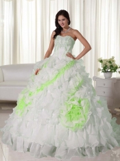 Appliques And Beading Sweet 16 Court Train White Ball Gown Sweetheart Organza Quinceanera Dress