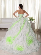 Appliques And Beading Sweet 16 Court Train White Ball Gown Sweetheart Organza  Quinceanera Dress
