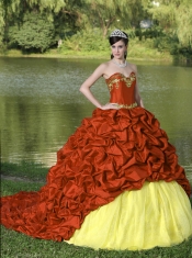 Appliques and Pick-ups Romanntic Red Brush Train Exquisite Style Quinceanera Dress