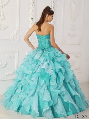 Aqua Blue A-Line / Princess Sweetheart Floor-length with  Taffeta and Organza Beading