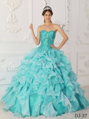 Aqua Blue A-Line / Princess Sweetheart Floor-length with  Taffeta and Organza Beading