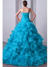 Aqua Blue A-Line Sweetheart Brush Train Pretty Quinceanera Dresses with Organza Beading and Ruffles