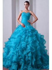 Aqua Blue A-Line Sweetheart Brush Train Pretty Quinceanera Dresses with Organza Beading and Ruffles