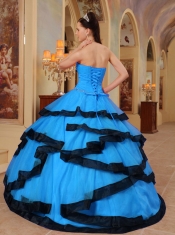 Aqua Blue and Black Strapless 15th Birthday Dresses Organza Appliques