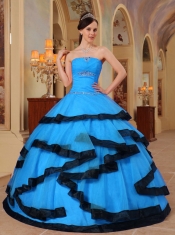 Aqua Blue and Black Strapless 15th Birthday Dresses Organza Appliques