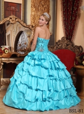 Aqua Blue Appliques and Ruffles Ball Gown Strapless Best Quinceanera Dresses