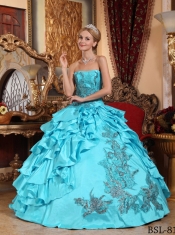 Aqua Blue Appliques and Ruffles Ball Gown Strapless Best Quinceanera Dresses