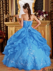 Aqua Blue Ball Gown Strapless Floor-length Embroidery Organza Beautiful Quinceanera Dress