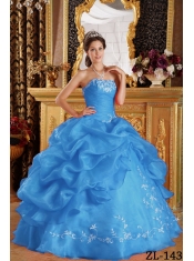 Aqua Blue Ball Gown Strapless Floor-length Embroidery Organza Beautiful Quinceanera Dress